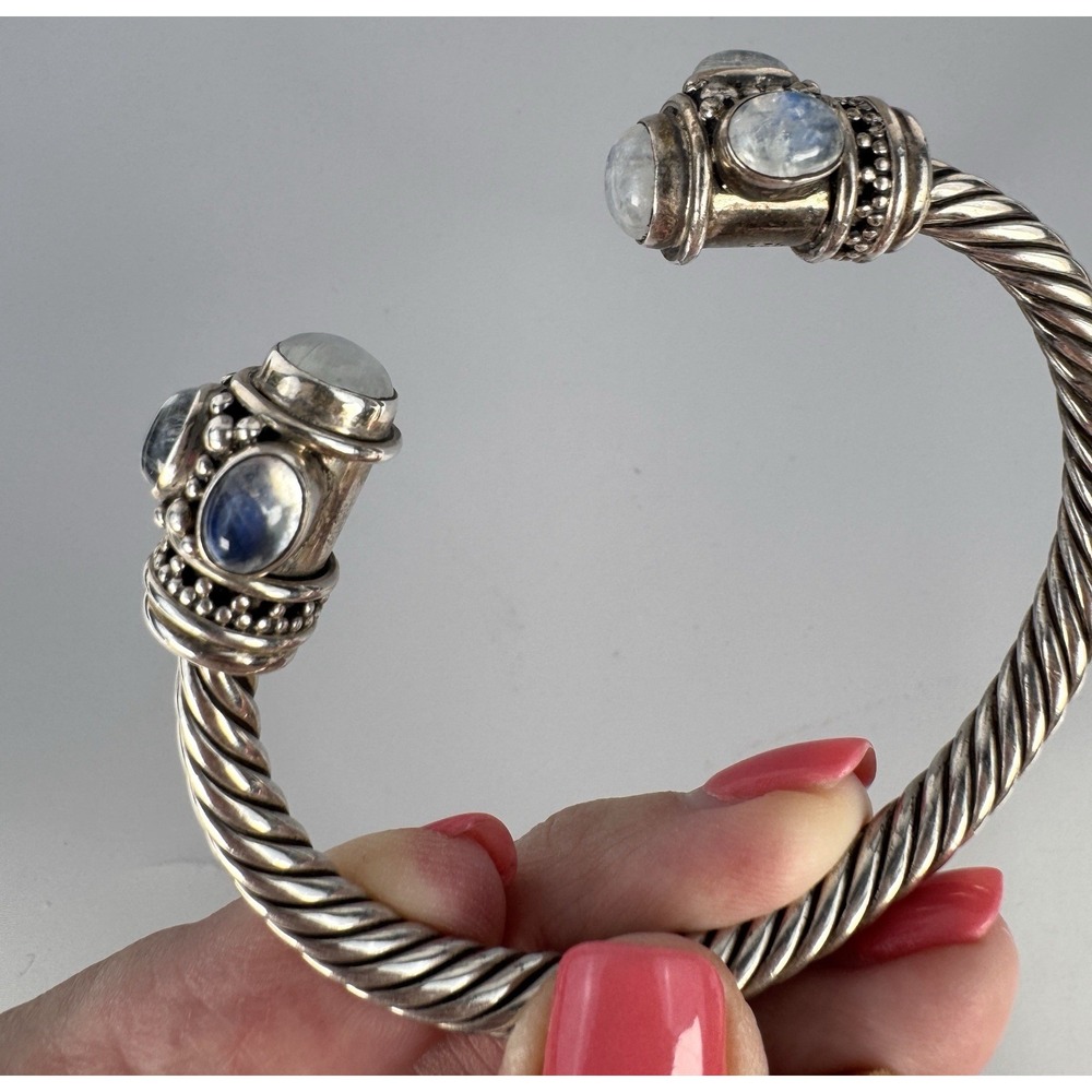 925 Sterling Silver Moonstone Twisted Cable Cuff Bracelet 59.15g Fits 7"
